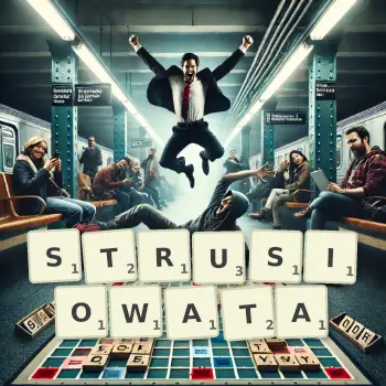 Kreatywna ilustracja do gry w Scrabble ze słowem STRUSIOWATA ułożonym z płytek na planszy.