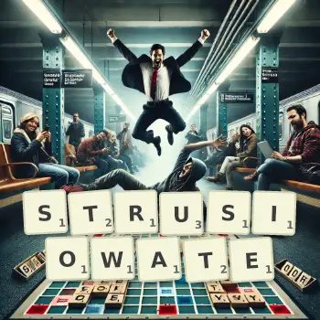 Kreatywna ilustracja do gry w Scrabble ze słowem STRUSIOWATE ułożonym z płytek na planszy.