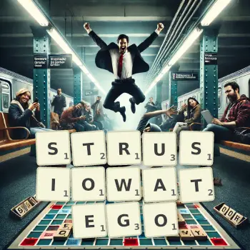 Kreatywna ilustracja do gry w Scrabble ze słowem STRUSIOWATEGO ułożonym z płytek na planszy.