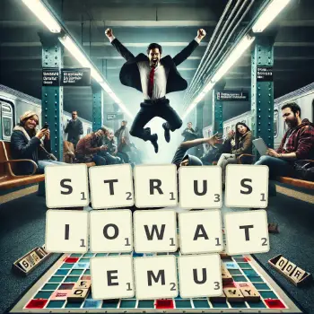 Kreatywna ilustracja do gry w Scrabble ze słowem STRUSIOWATEMU ułożonym z płytek na planszy.