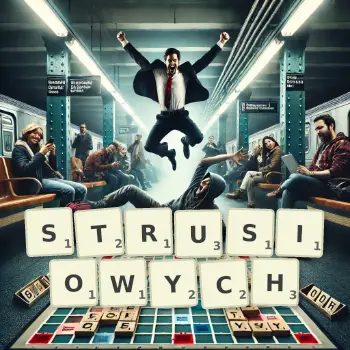 Kreatywna ilustracja do gry w Scrabble ze słowem STRUSIOWYCH ułożonym z płytek na planszy.