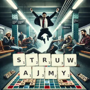 Kreatywna ilustracja do gry w Scrabble ze słowem STRUWAJMY ułożonym z płytek na planszy.