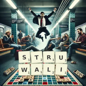 Kreatywna ilustracja do gry w Scrabble ze słowem STRUWALI ułożonym z płytek na planszy.