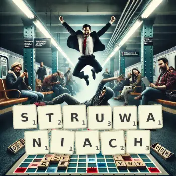 Kreatywna ilustracja do gry w Scrabble ze słowem STRUWANIACH ułożonym z płytek na planszy.