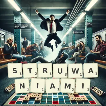 Kreatywna ilustracja do gry w Scrabble ze słowem STRUWANIAMI ułożonym z płytek na planszy.