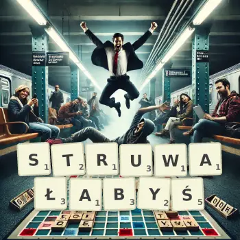 Kreatywna ilustracja do gry w Scrabble ze słowem STRUWAŁABYŚ ułożonym z płytek na planszy.
