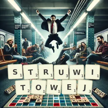 Kreatywna ilustracja do gry w Scrabble ze słowem STRUWITOWEJ ułożonym z płytek na planszy.