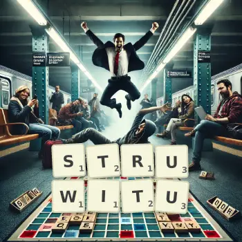 Kreatywna ilustracja do gry w Scrabble ze słowem STRUWITU ułożonym z płytek na planszy.