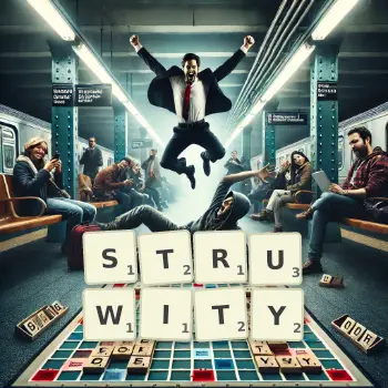 Kreatywna ilustracja do gry w Scrabble ze słowem STRUWITY ułożonym z płytek na planszy.