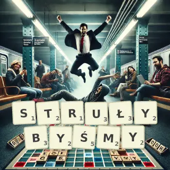 Kreatywna ilustracja do gry w Scrabble ze słowem STRUŁYBYŚMY ułożonym z płytek na planszy.
