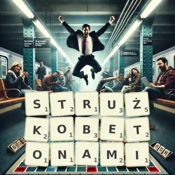 Kreatywna ilustracja do gry w Scrabble ze słowem STRUŻKOBETONAMI ułożonym z płytek na planszy.