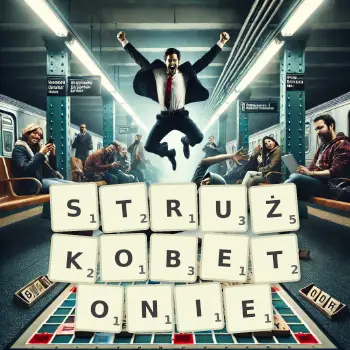 Kreatywna ilustracja do gry w Scrabble ze słowem STRUŻKOBETONIE ułożonym z płytek na planszy.