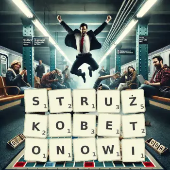 Kreatywna ilustracja do gry w Scrabble ze słowem STRUŻKOBETONOWI ułożonym z płytek na planszy.