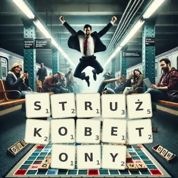 Kreatywna ilustracja do gry w Scrabble ze słowem STRUŻKOBETONY ułożonym z płytek na planszy.