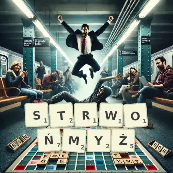 Kreatywna ilustracja do gry w Scrabble ze słowem STRWOŃMYŻ ułożonym z płytek na planszy.