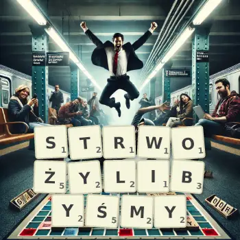 Kreatywna ilustracja do gry w Scrabble ze słowem STRWOŻYLIBYŚMY ułożonym z płytek na planszy.