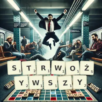 Kreatywna ilustracja do gry w Scrabble ze słowem STRWOŻYWSZY ułożonym z płytek na planszy.