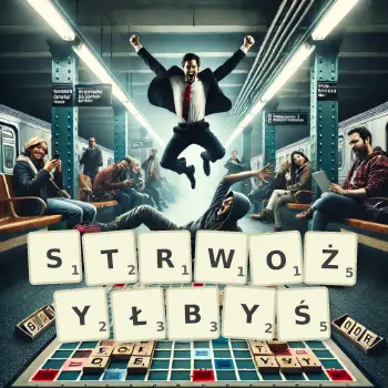 Kreatywna ilustracja do gry w Scrabble ze słowem STRWOŻYŁBYŚ ułożonym z płytek na planszy.