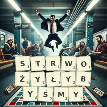 Kreatywna ilustracja do gry w Scrabble ze słowem STRWOŻYŁYBYŚMY ułożonym z płytek na planszy.