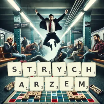 Kreatywna ilustracja do gry w Scrabble ze słowem STRYCHARZEM ułożonym z płytek na planszy.