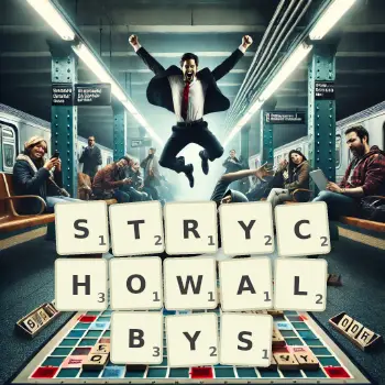 Kreatywna ilustracja do gry w Scrabble ze słowem STRYCHOWALBYS ułożonym z płytek na planszy.