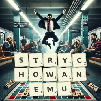 Kreatywna ilustracja do gry w Scrabble ze słowem STRYCHOWANEMU ułożonym z płytek na planszy.