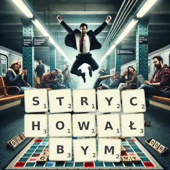 Kreatywna ilustracja do gry w Scrabble ze słowem STRYCHOWAŁBYM ułożonym z płytek na planszy.