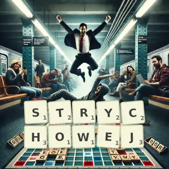 Kreatywna ilustracja do gry w Scrabble ze słowem STRYCHOWEJ ułożonym z płytek na planszy.