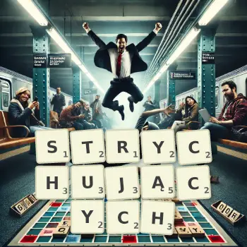 Kreatywna ilustracja do gry w Scrabble ze słowem STRYCHUJĄCYCH ułożonym z płytek na planszy.