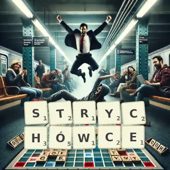 Kreatywna ilustracja do gry w Scrabble ze słowem STRYCHÓWCE ułożonym z płytek na planszy.