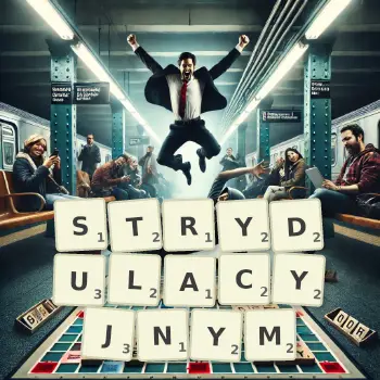 Kreatywna ilustracja do gry w Scrabble ze słowem STRYDULACYJNYM ułożonym z płytek na planszy.