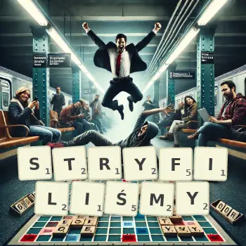 Kreatywna ilustracja do gry w Scrabble ze słowem STRYFILIŚMY ułożonym z płytek na planszy.