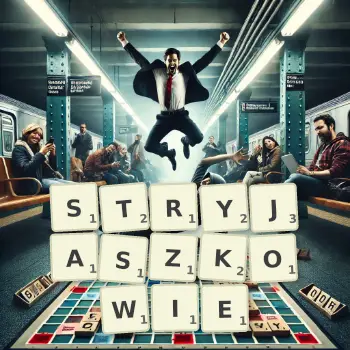 Kreatywna ilustracja do gry w Scrabble ze słowem STRYJASZKOWIE ułożonym z płytek na planszy.