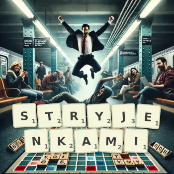 Kreatywna ilustracja do gry w Scrabble ze słowem STRYJENKAMI ułożonym z płytek na planszy.