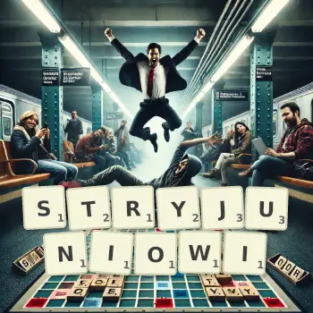 Kreatywna ilustracja do gry w Scrabble ze słowem STRYJUNIOWI ułożonym z płytek na planszy.
