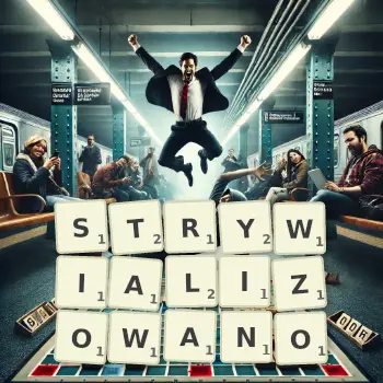 Kreatywna ilustracja do gry w Scrabble ze słowem STRYWIALIZOWANO ułożonym z płytek na planszy.