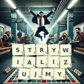 Kreatywna ilustracja do gry w Scrabble ze słowem STRYWIALIZUJMY ułożonym z płytek na planszy.