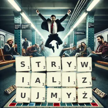 Kreatywna ilustracja do gry w Scrabble ze słowem STRYWIALIZUJMYŻ ułożonym z płytek na planszy.