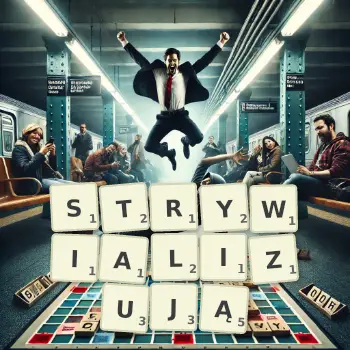 Kreatywna ilustracja do gry w Scrabble ze słowem STRYWIALIZUJĄ ułożonym z płytek na planszy.