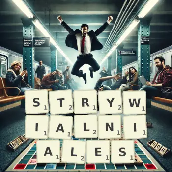 Kreatywna ilustracja do gry w Scrabble ze słowem STRYWIALNIALES ułożonym z płytek na planszy.