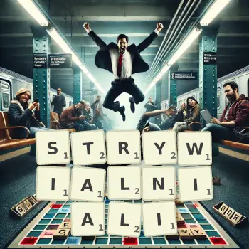 Kreatywna ilustracja do gry w Scrabble ze słowem STRYWIALNIALI ułożonym z płytek na planszy.