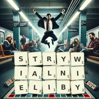 Kreatywna ilustracja do gry w Scrabble ze słowem STRYWIALNIELIBY ułożonym z płytek na planszy.