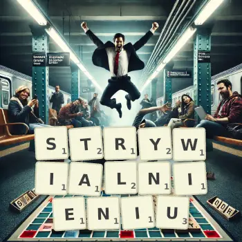 Kreatywna ilustracja do gry w Scrabble ze słowem STRYWIALNIENIU ułożonym z płytek na planszy.