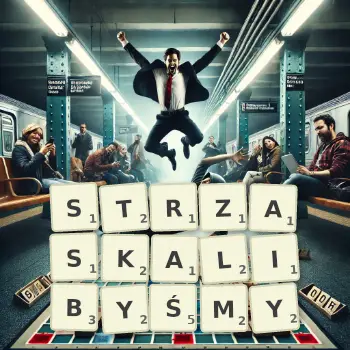 Kreatywna ilustracja do gry w Scrabble ze słowem STRZASKALIBYŚMY ułożonym z płytek na planszy.