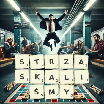 Kreatywna ilustracja do gry w Scrabble ze słowem STRZASKALIŚMY ułożonym z płytek na planszy.