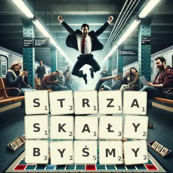 Kreatywna ilustracja do gry w Scrabble ze słowem STRZASKAŁYBYŚMY ułożonym z płytek na planszy.