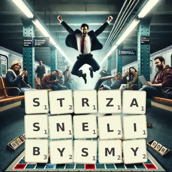 Kreatywna ilustracja do gry w Scrabble ze słowem STRZASNELIBYSMY ułożonym z płytek na planszy.