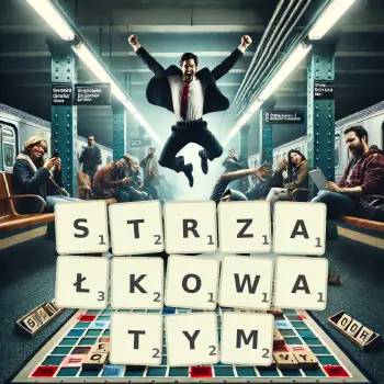 Kreatywna ilustracja do gry w Scrabble ze słowem STRZAŁKOWATYM ułożonym z płytek na planszy.