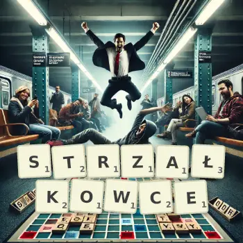 Kreatywna ilustracja do gry w Scrabble ze słowem STRZAŁKOWCE ułożonym z płytek na planszy.