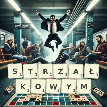 Kreatywna ilustracja do gry w Scrabble ze słowem STRZAŁKOWYM ułożonym z płytek na planszy.